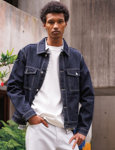 Veste droite en coton col classique denim brut rinse homme