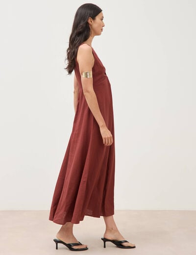 Robe sans manches col v marron cognac femme