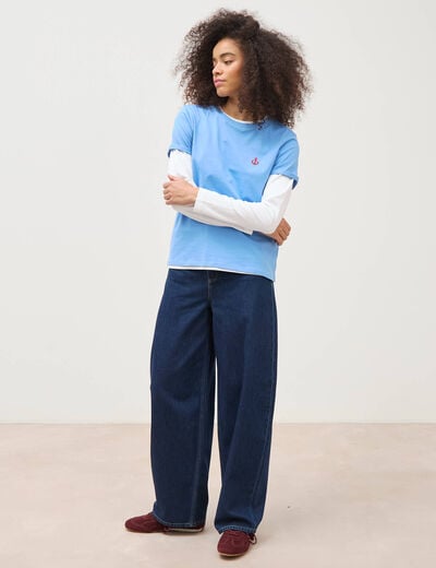 T-shirt droit col rond manches courtes bleu clair femme