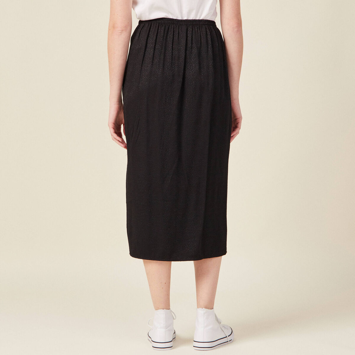 Jupe midi droite fendue satin noir femme