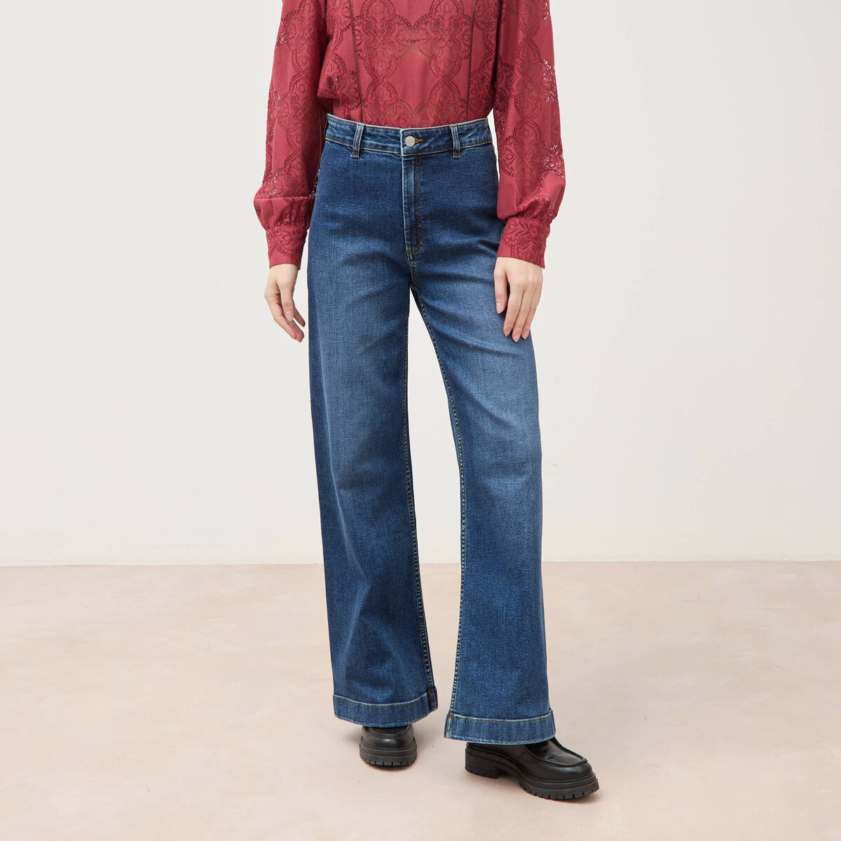 Jeans large taille haute denim stone femme