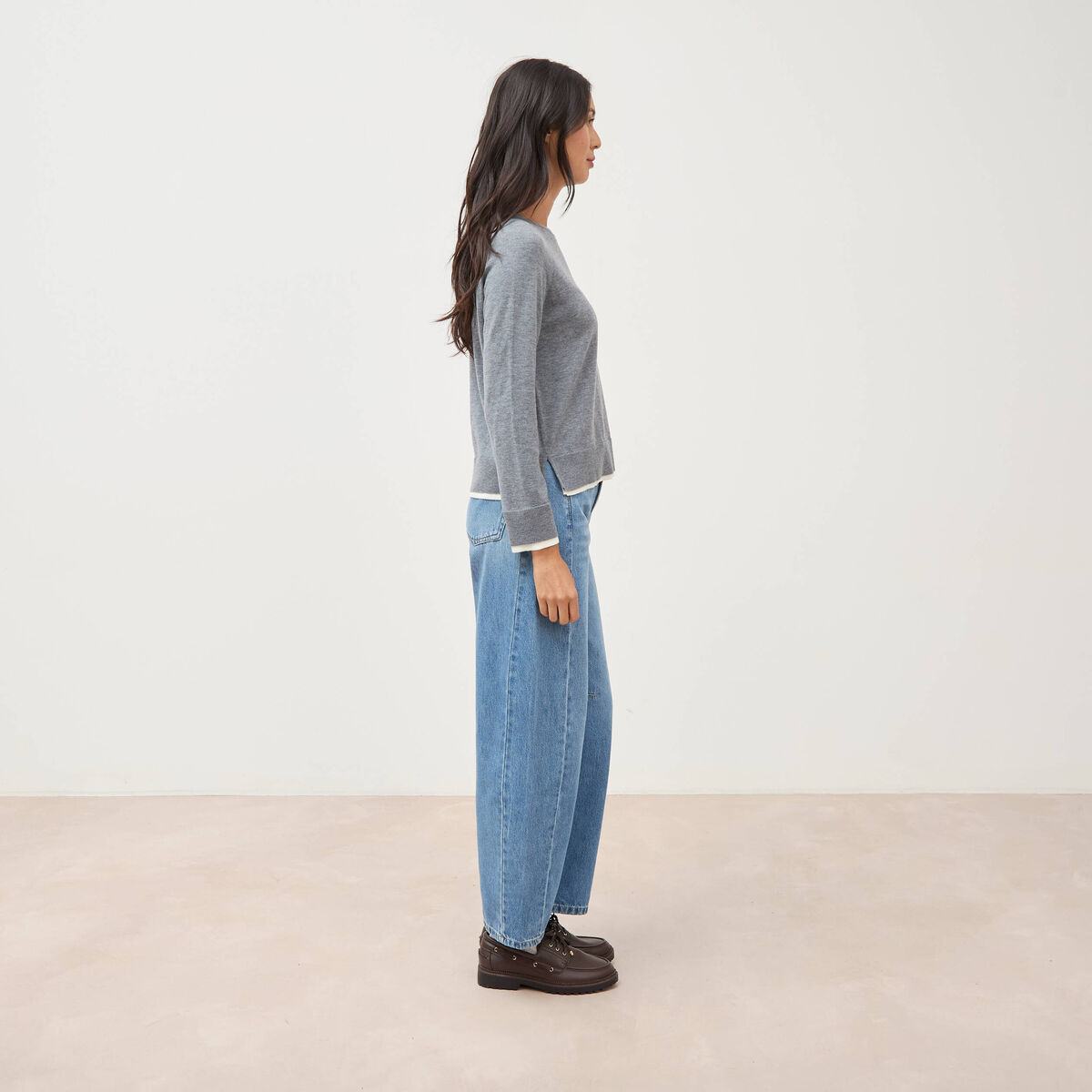 Pull droit col rond manches longues gris clair femme