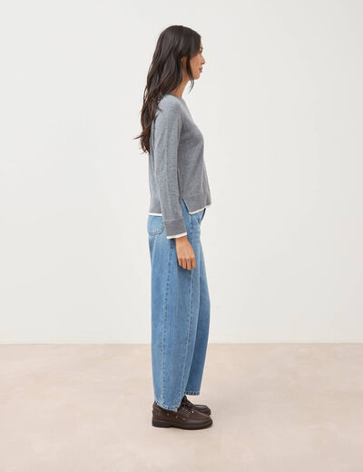 Pull droit col rond manches longues gris clair femme