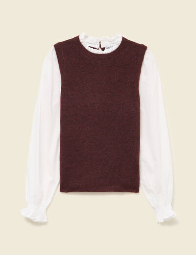 Pull 2 en 1 col rond manches longues marron femme