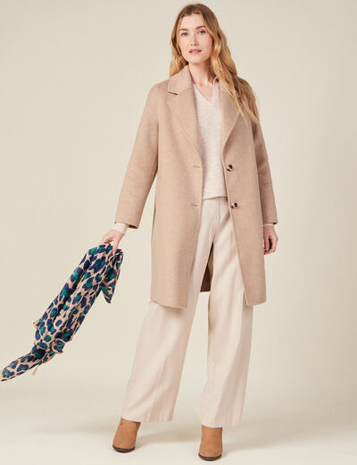 Manteau droit long boutonné marron clair femme