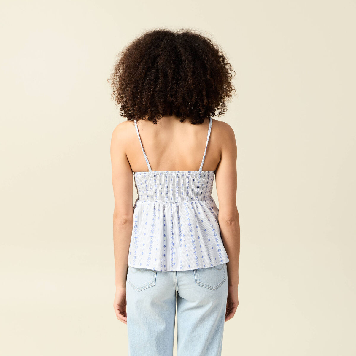 Top col droit &agrave; bretelles en coton bleu clair femme