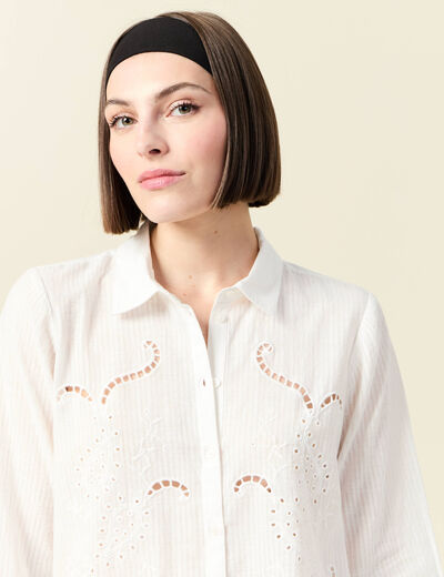 Chemise manches longues en coton brodée creme femme