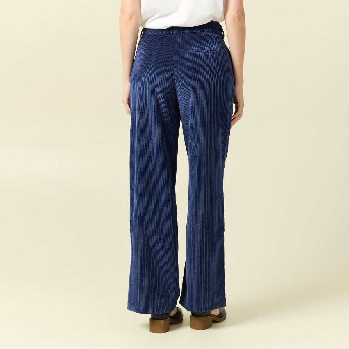 Pantalon large taille haute en velours bleu marine femme