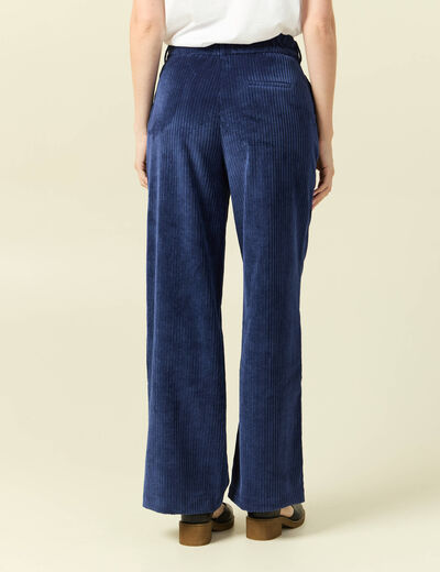 Pantalon large taille haute en velours bleu marine femme