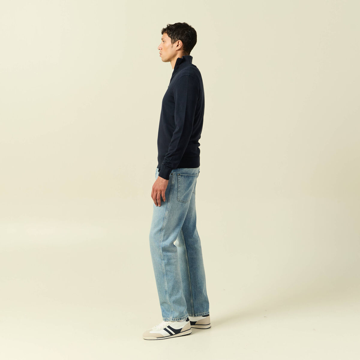 Pull fin col camionneur manches longues bleu marine homme