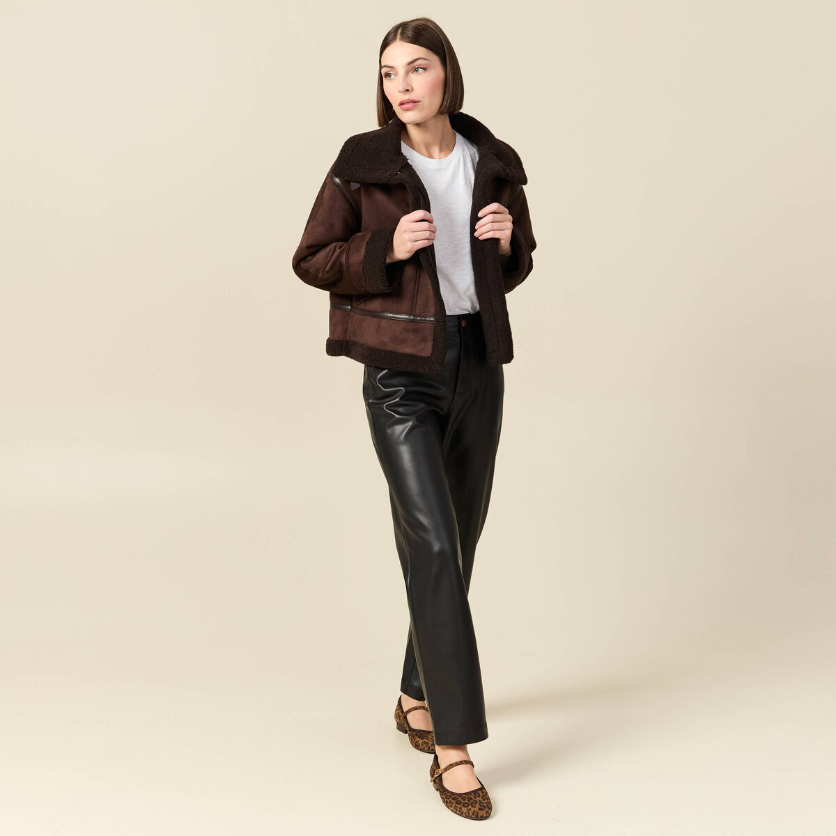 Pantalon taille haute similicuir noir femme
