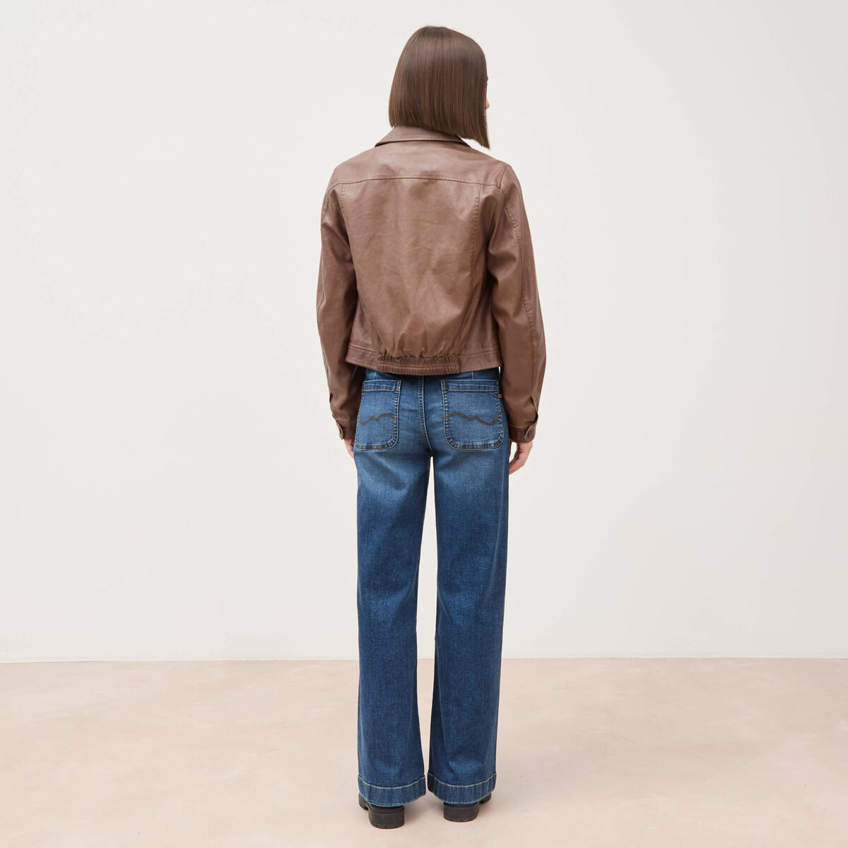 Blouson manches longues similicuir marron femme