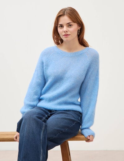 Pull manches longues col rond bleu clair femme