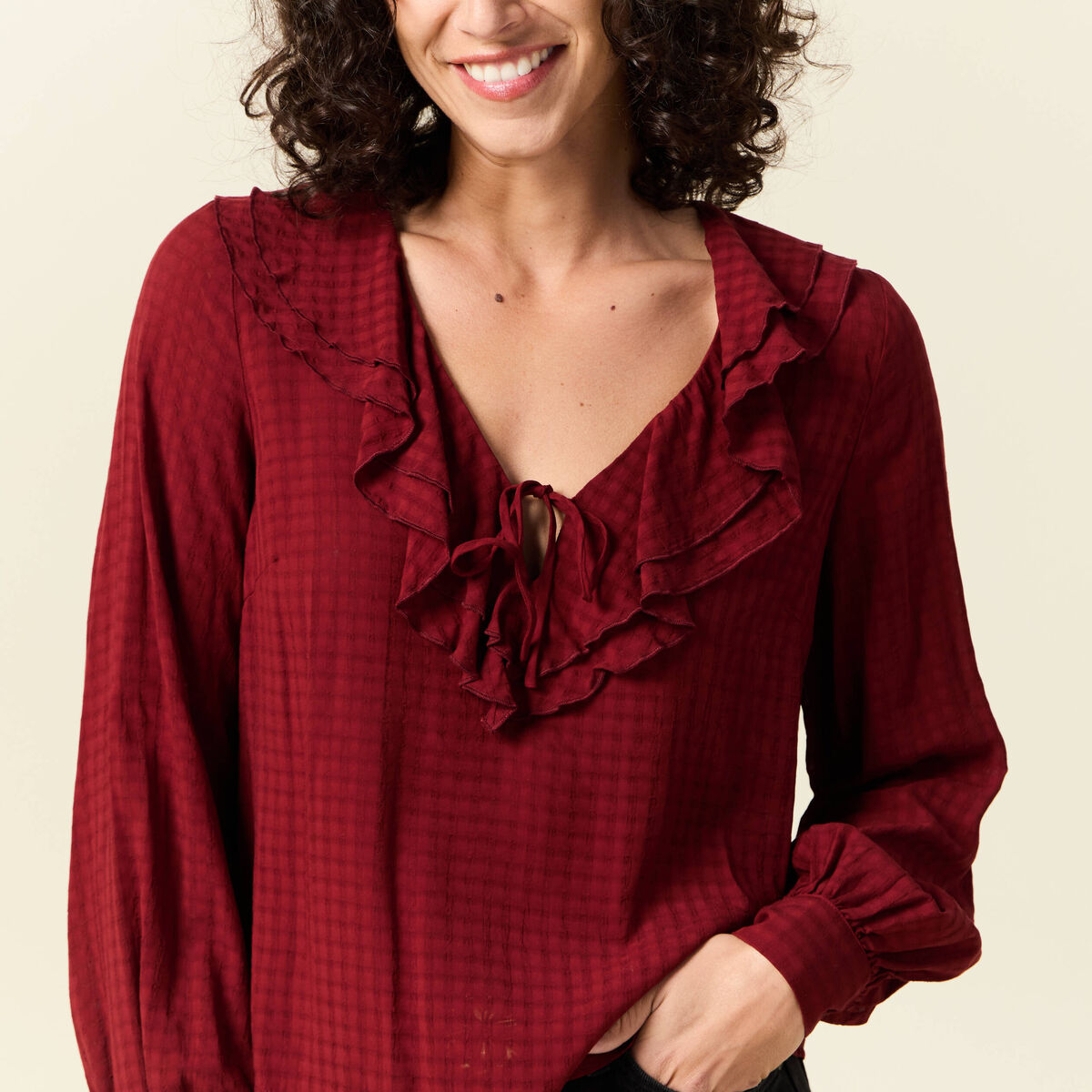 Blouse manches longues rouge fonc&eacute; femme