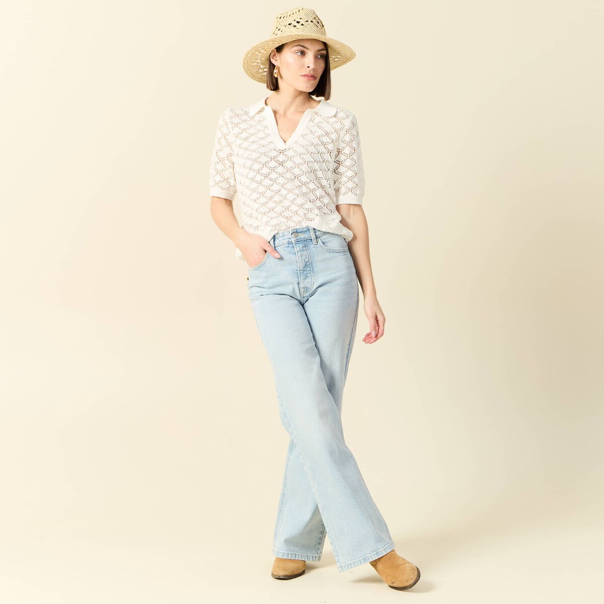 Pull manches courtes ajouré blanc femme