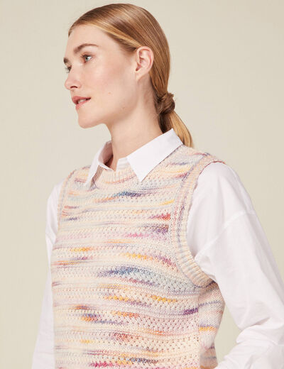 Pull sans manches ajouré creme femme
