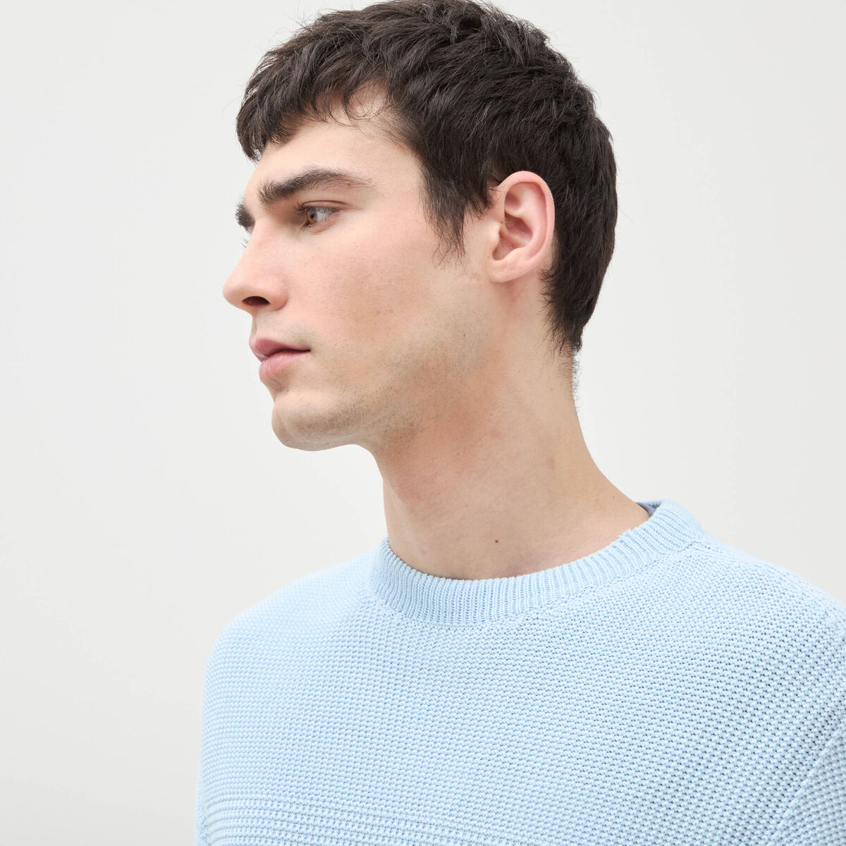 Pull col rond manches longues en coton bleu ciel homme
