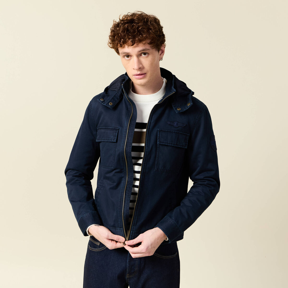 Blouson col montant &agrave; capuche bleu marine homme