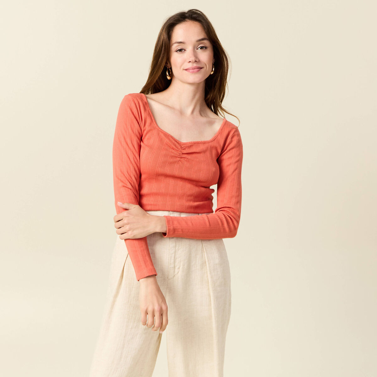 T-shirt manches longues orange corail femme