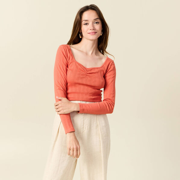 t shirt manches longues orange corail femme T-shirt manches longues orange corail femme