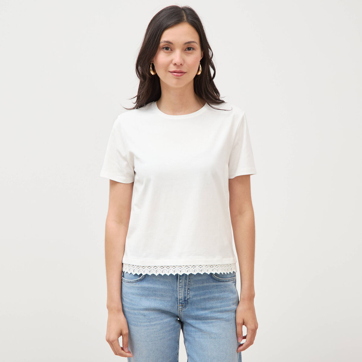 T-shirt droit col rond manches courtes ecru femme