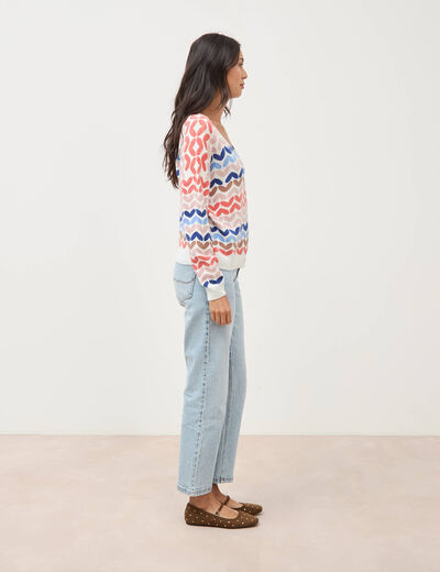 Pull droit col v manches longues multicolore femme
