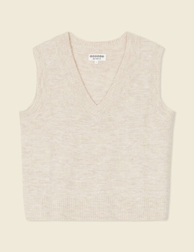 Pull sans manches col en V creme femme