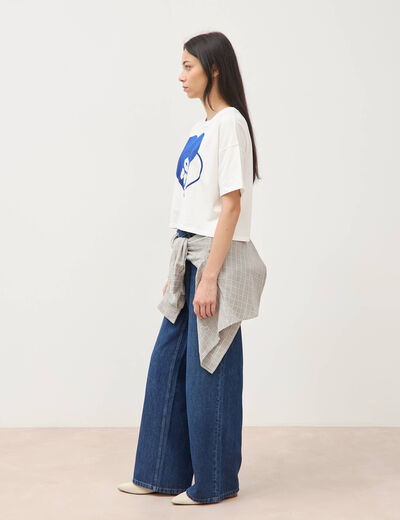 T-shirt droit cropped manches coude ecru femme