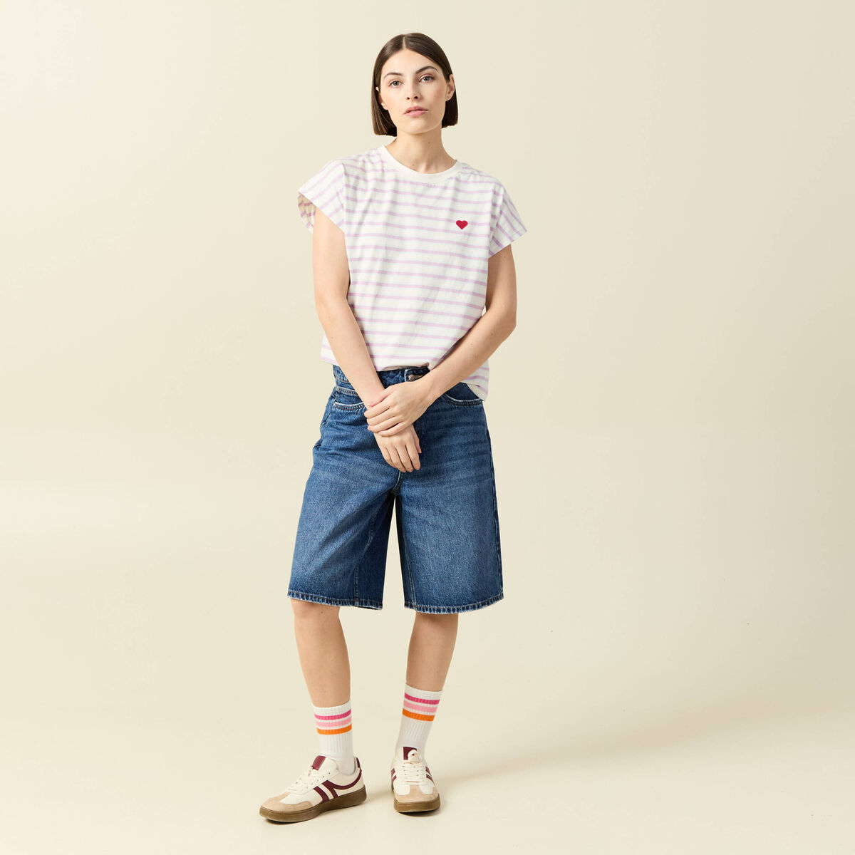 Bermuda large taille haute en coton denim stone femme