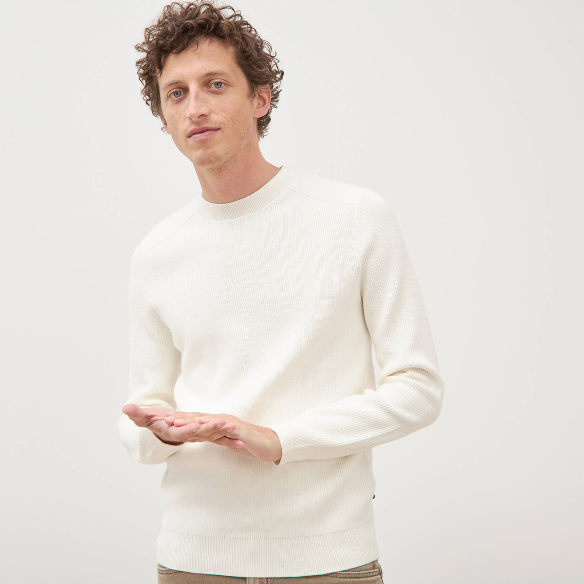 Pull manches longues col rond ecru homme