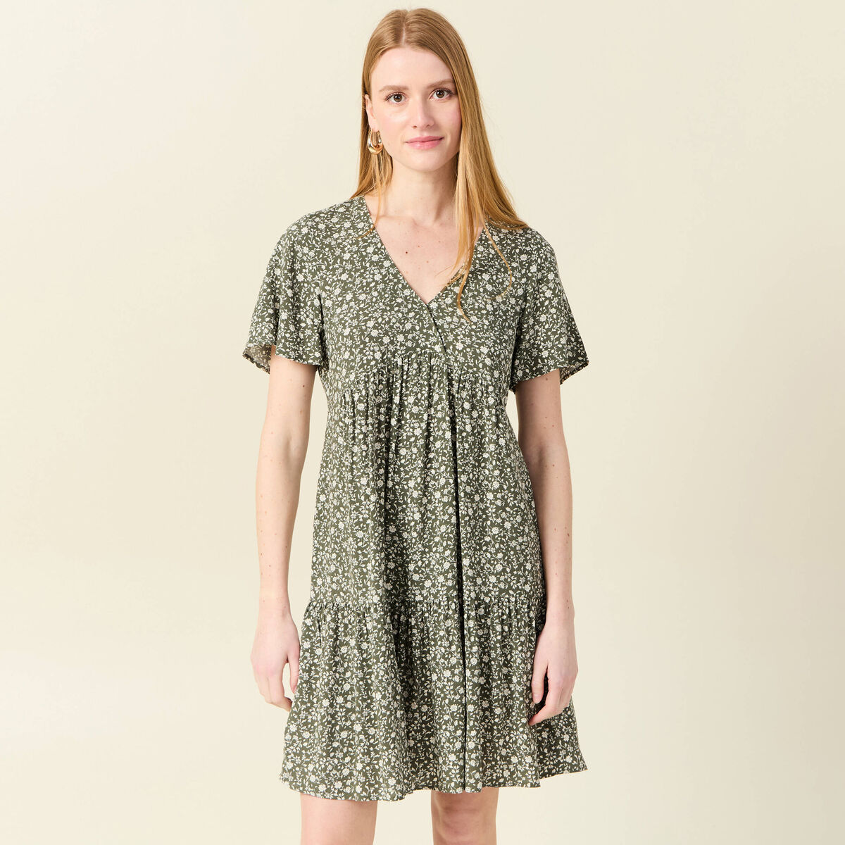 Robe évasée manches courtes vert kaki femme