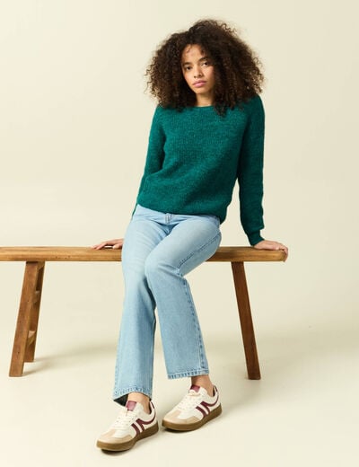 Pull r&eacute;versible manches longues col rond vert femme
