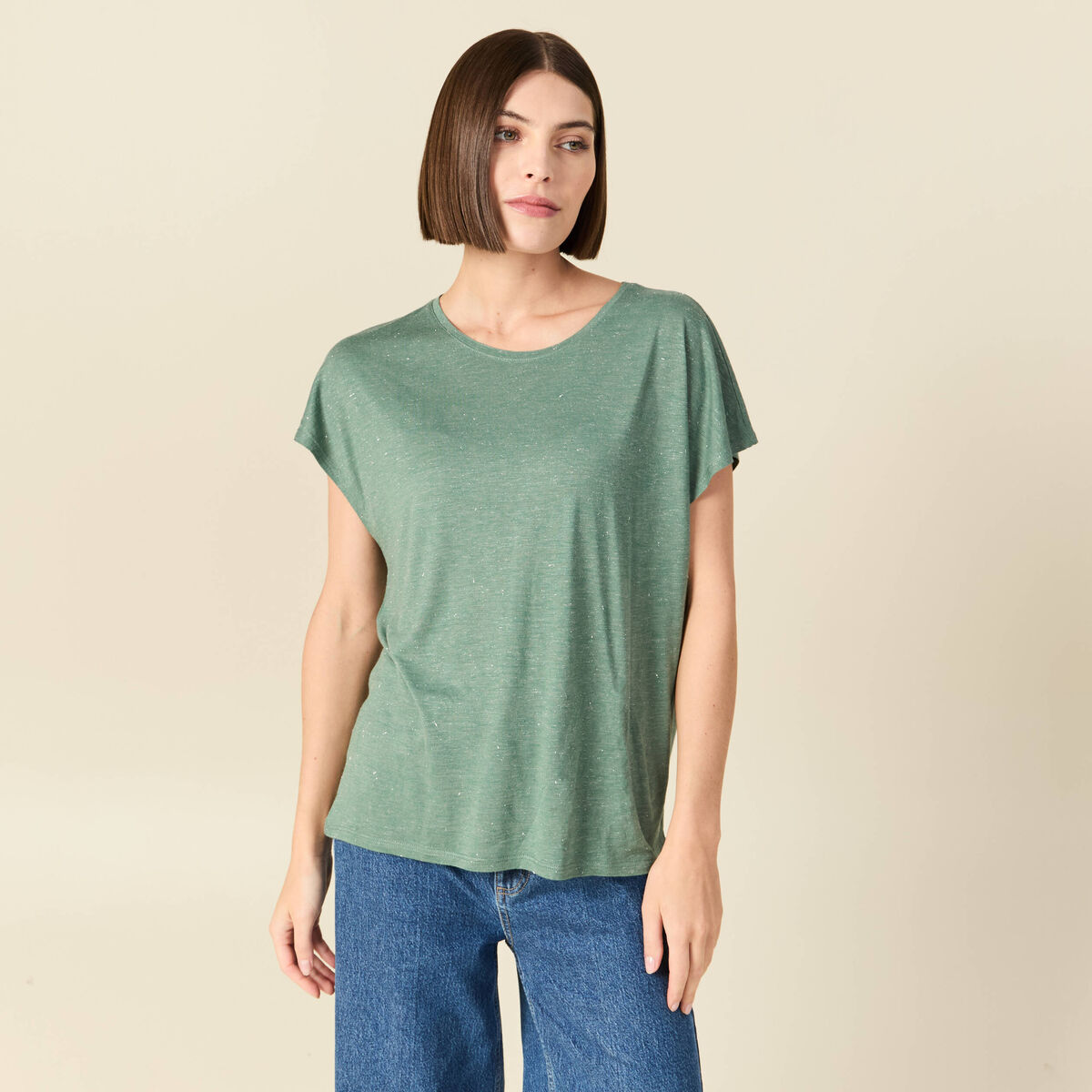 T-shirt droit court manches courtes vert fonc&eacute; femme