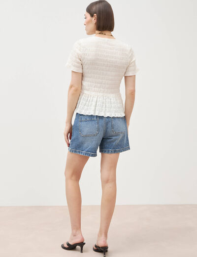 T-shirt cintr&eacute; fronc&eacute; manches courtes ivoire femme
