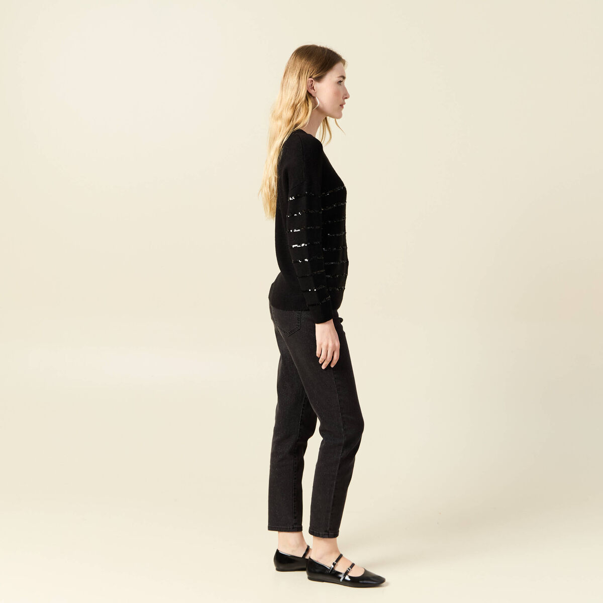 Pull manches longues sequins noir femme