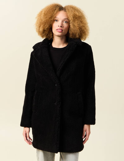 Manteau long laine mouton noir femme