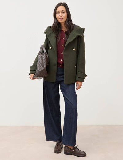 Caban oversize court &agrave; capuche vert olive femme