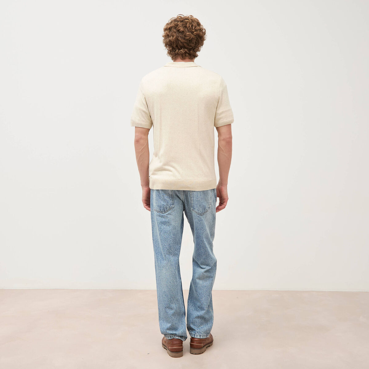 Polo manches courtes col cubain ecru homme