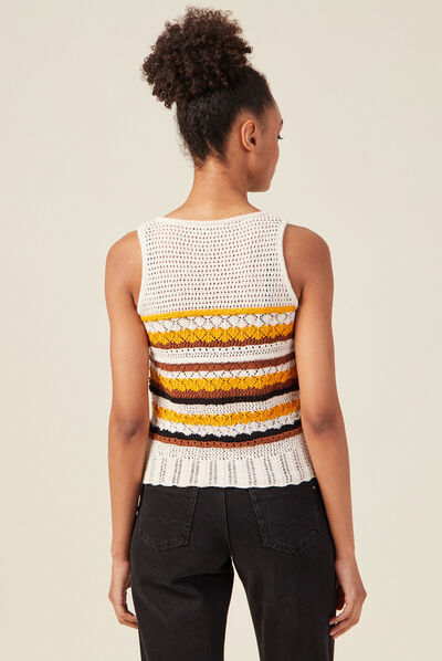 Pull sans manches crochet creme femme