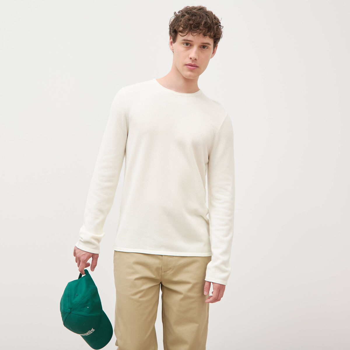 Pull col rond manches longues ecru homme