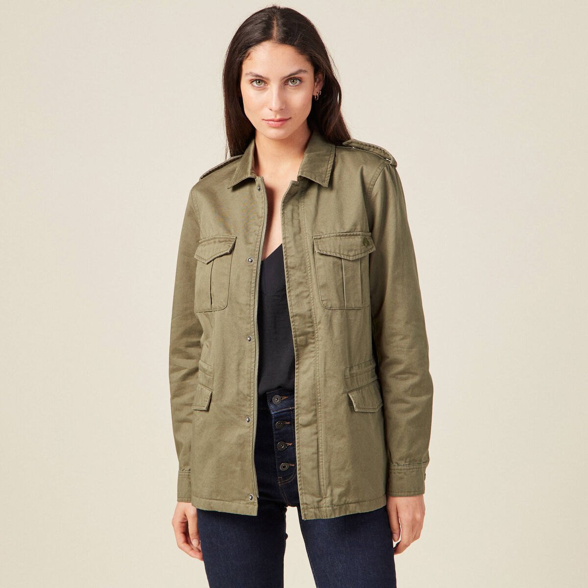 Veste droite poches àrabat vert kaki femme