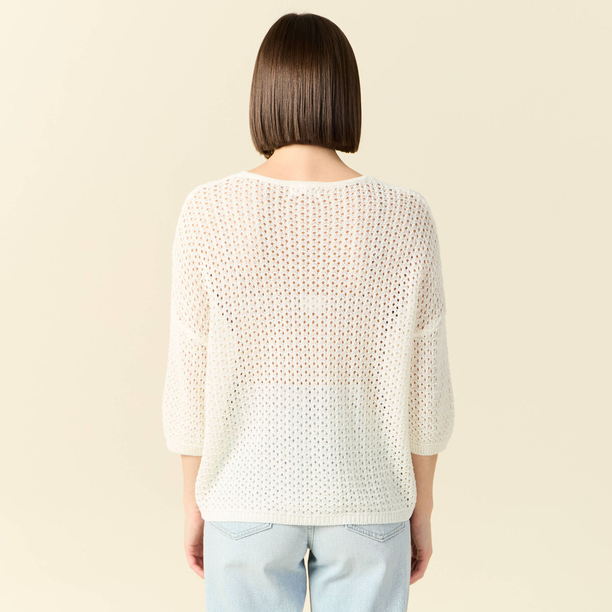 Pull ajour&eacute; col v manches 3/4 ecru femme