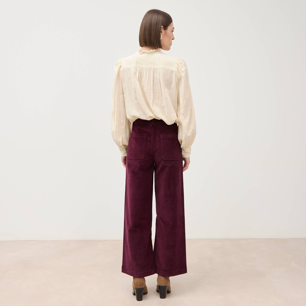 Pantalon large taille haute en velours prune femme