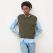 Pull droit court sans manches col rond vert olive femme