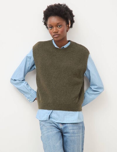 Pull droit court sans manches col rond vert olive femme