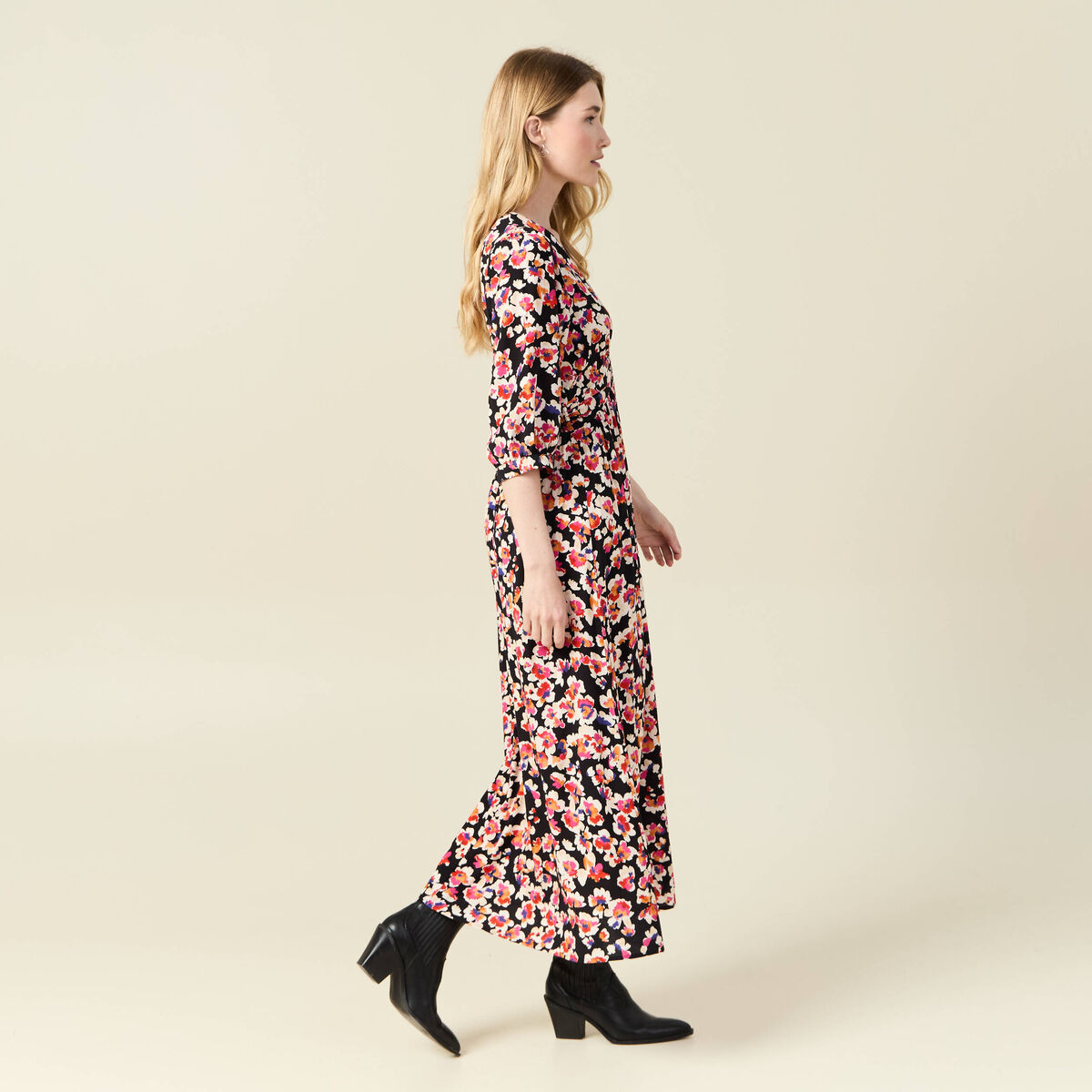 Robe longue évasée fluide noir femme