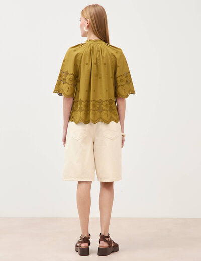Blouse en coton manches courtes dentelle vert kaki femme