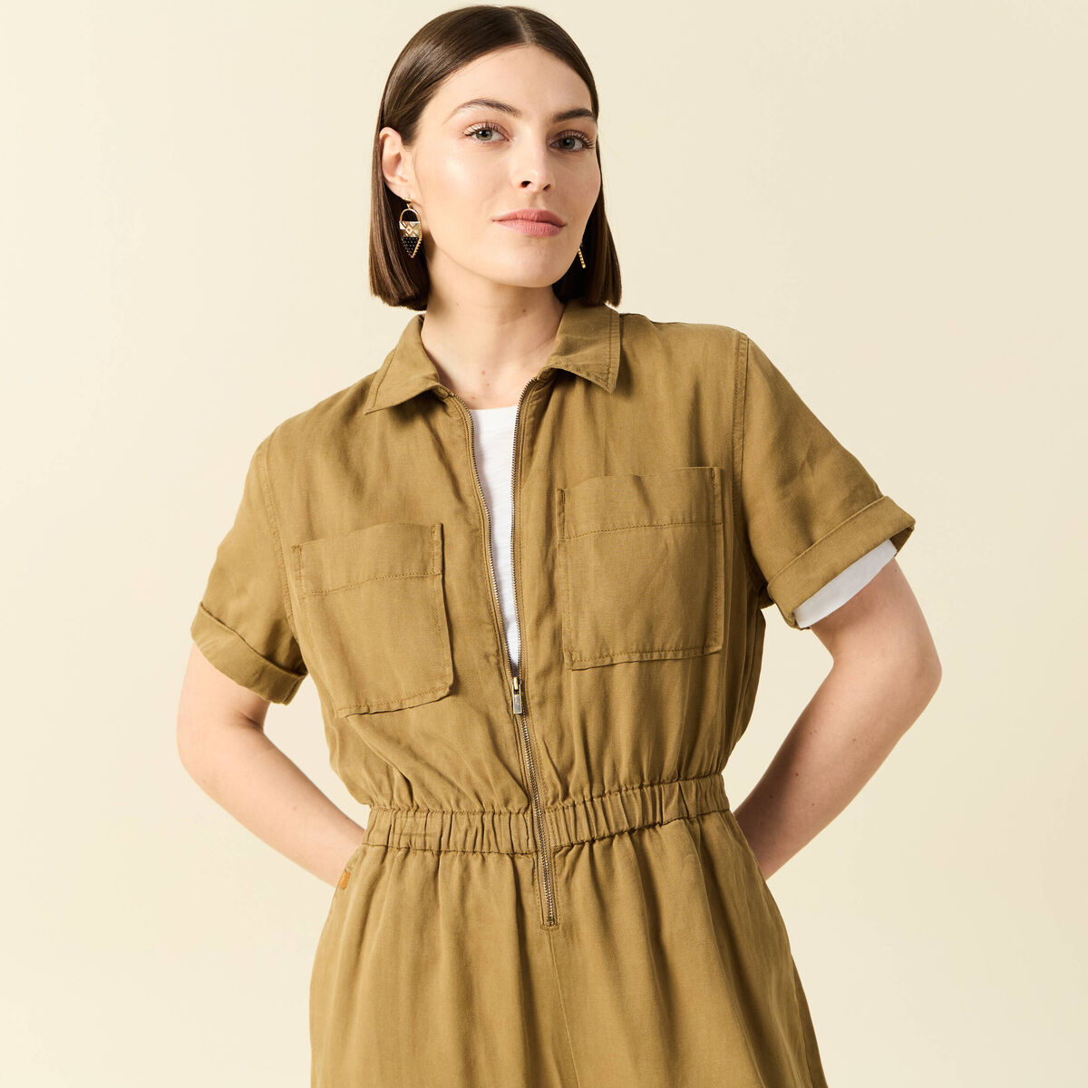 Combinaison pantalon zippée vert kaki femme