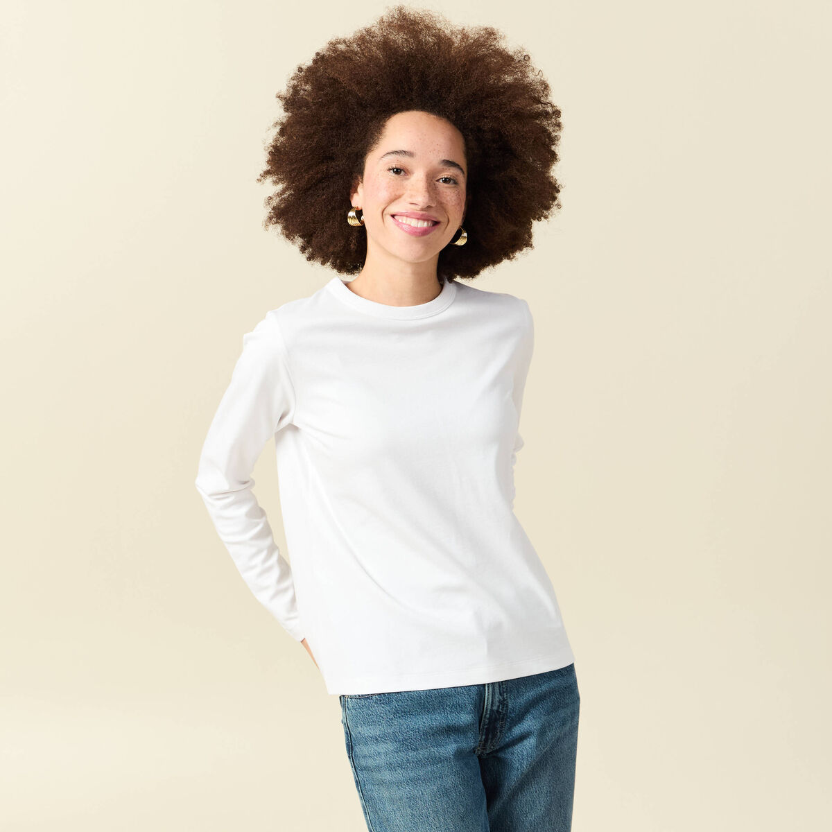 T-shirt en coton manches longues blanc femme
