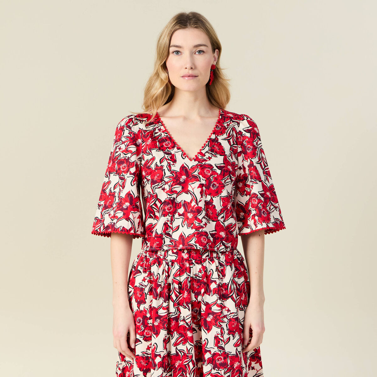 Blouse manches 3/4 rouge femme